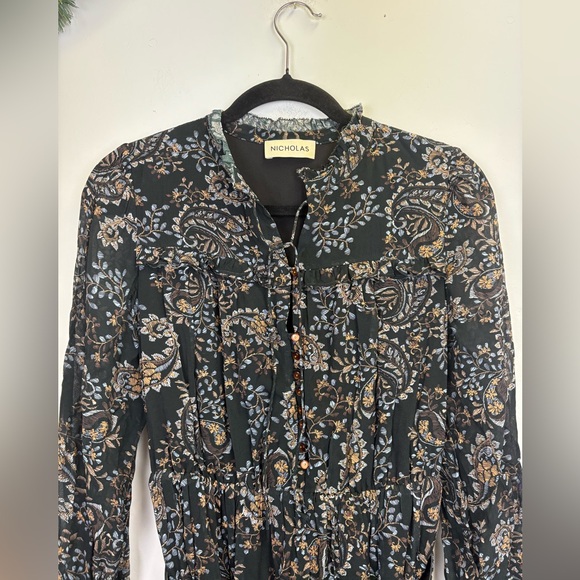 NICHOLAS Paisley Floral tiered Ruffle Dress with belt/ black, brown, blue/Size 0 - Picture 5 of 16